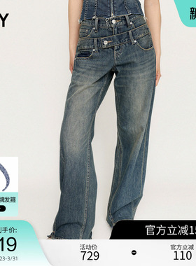 SLY 春季美式辣妹风解构双腰头低腰牛仔裤030HSZ11-1211