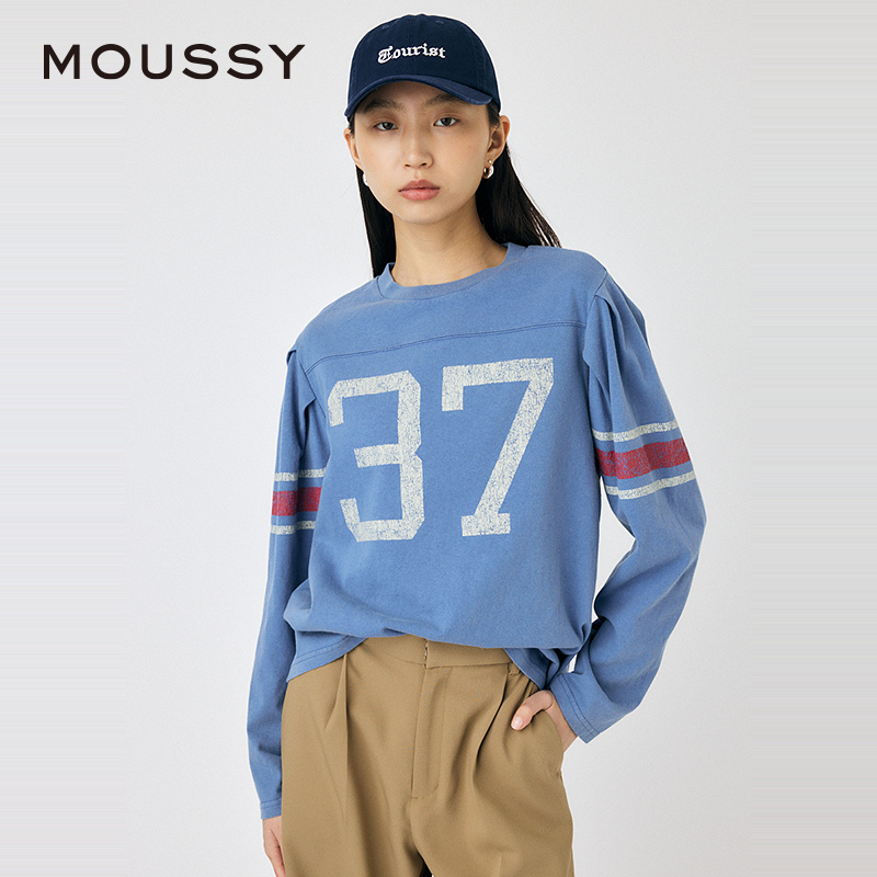 MOUSSY 2025春季新品撞色运动感宽松圆领长袖T恤女010ISL90-1311