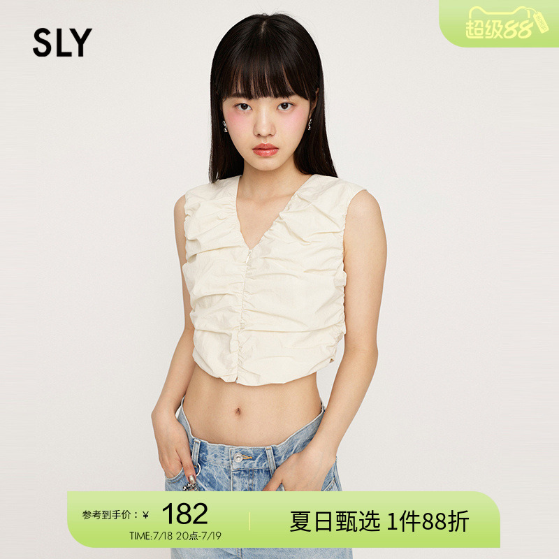 sly法式优雅气质V领褶皱无袖衬衫