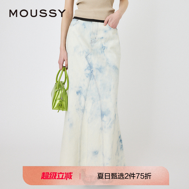 MOUSSY扎染鱼尾牛仔裙流苏半身裙