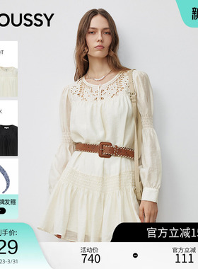 moussy早春甜美镂空褶皱拼接长袖连衣裙女028IAA33-1004