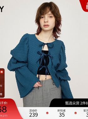 SLY 甜美蝴蝶结提花前后两穿针织开衫030HSY80-1030