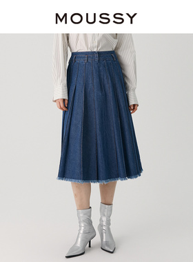 MOUSSY 冬季新品复古下摆毛边百褶裙半身牛仔裙028GAZ11-5070