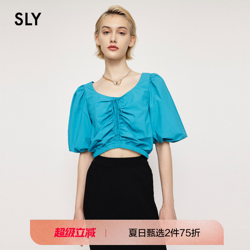 sly甜美风低圆领泡泡袖抽褶衬衫