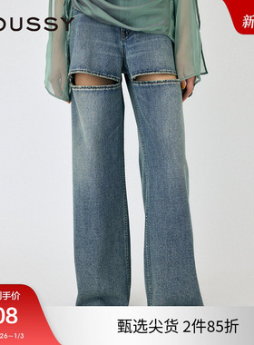 MOUSSY 春季新品个性破洞设计宽松直筒牛仔裤女010HS711-0470