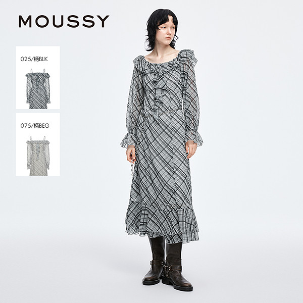 moussy 2025早秋新品甜美清新荷叶边长袖格子连衣裙028