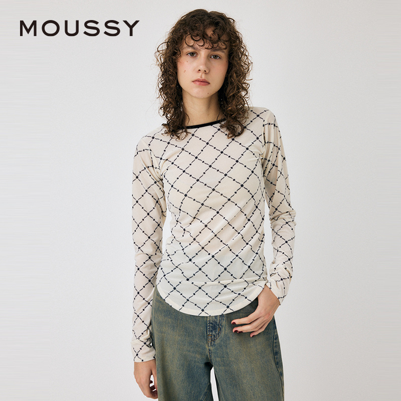moussy 秋季新品复古港风设计感菱格纹内搭上衣010HAA80-8561