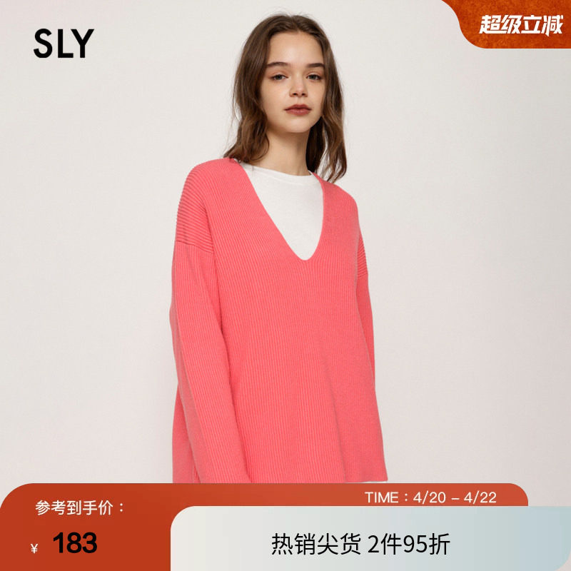SLY 春季大V领纯色宽松落肩套头针织衫毛衣030FAR70-5