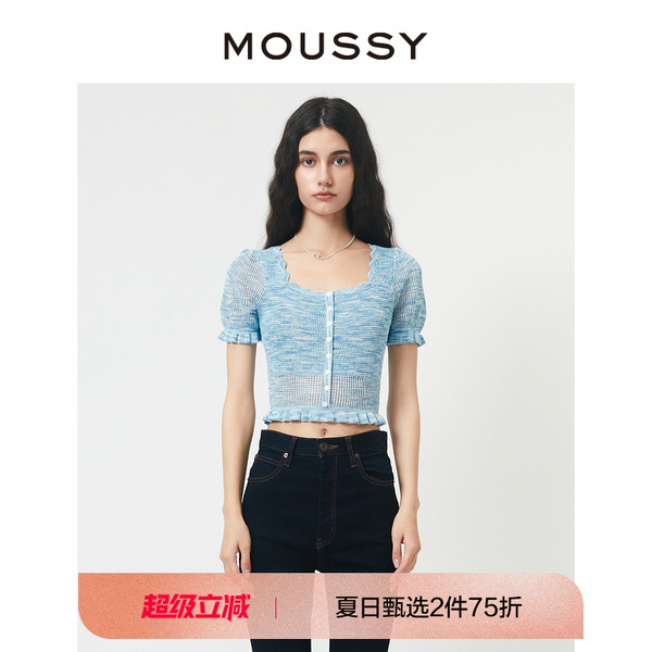 moussy甜美风泡泡袖花边T恤上衣