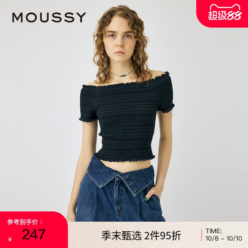 MOUSSY甜美日系荷叶边一字领上衣