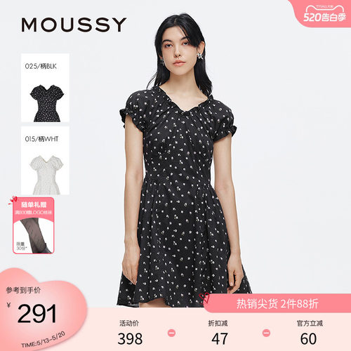 moussy 夏季甜美风花边V领泡泡袖碎花连衣裙028ISA33-3951