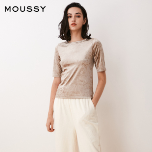 5410 女010EA780 moussy奥莱 圆领光泽丝绒微弹力针织衫