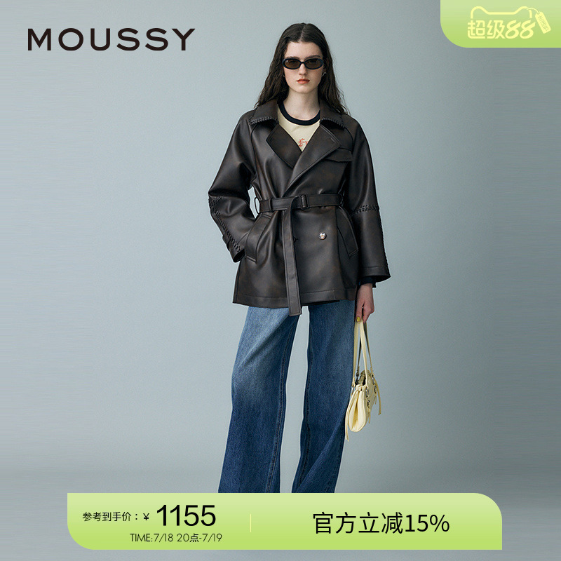 MOUSSY 2025春季新品复古港风翻领中长款皮质外套女010ISH30-0571