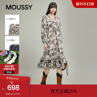 moussy 秋季复古风花纹雪纺V领长袖连衣裙028IAB33-1010