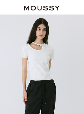 MOUSSY 春夏新品创意破洞露锁骨简约短袖T恤女010GSS80-11