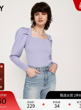SLY 夏季羊腿袖方领修身法式优雅针织衫030GSY70-0220