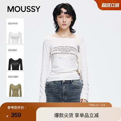 moussy早春美式字母印花一字领修身长袖T恤028IAZ90-1071