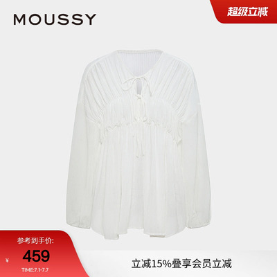 moussy 夏季甜美风抽褶皱系带宽松长袖衬衫028ISA30-1003