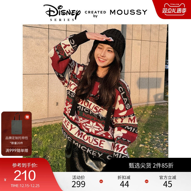 MOUSSY 迪士尼合作款米奇图案LOGO圆领针织毛衣女010G