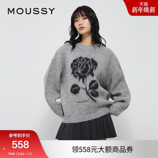 毛衣028HAZ70 moussy 复古提花玫瑰图圆领针织衫 新品 1341 2024冬季