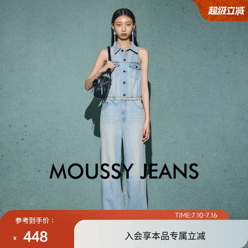 moussy 春季复古港风做旧无袖连体裤牛仔裤010HA711-1681