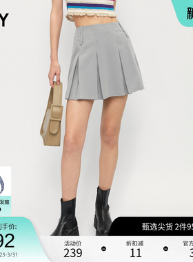 SLY春季学院风双裤袢高腰A字百褶半身裙女038GSU31-5900