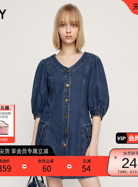 SLY 夏季怀旧复古风泡泡袖牛仔裙连衣裙女030HSA33-3940