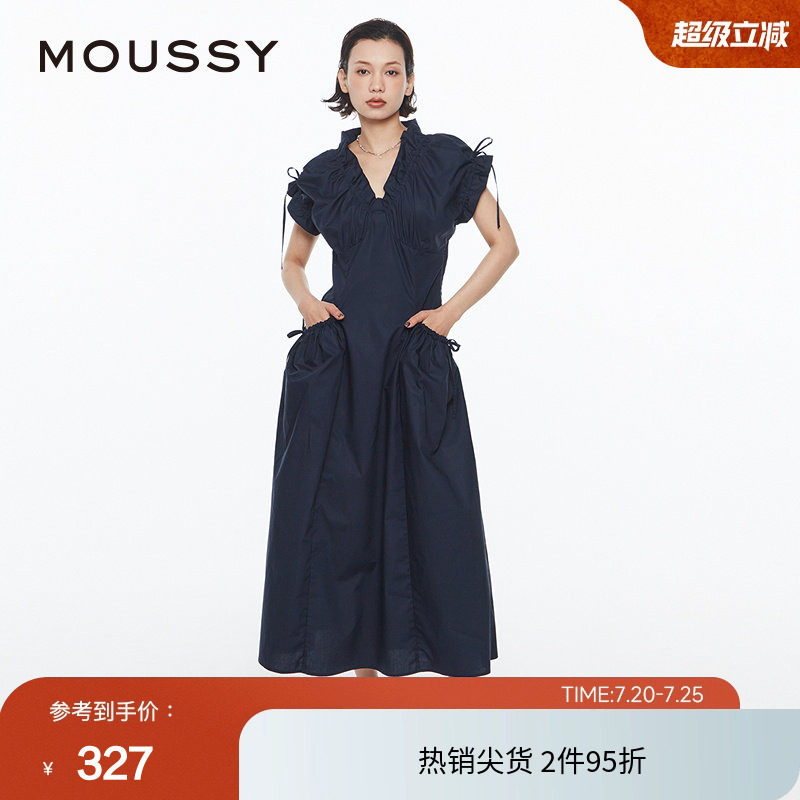 MOUSSY 夏季优雅度假风V领大口袋连衣裙女028HS930-0071