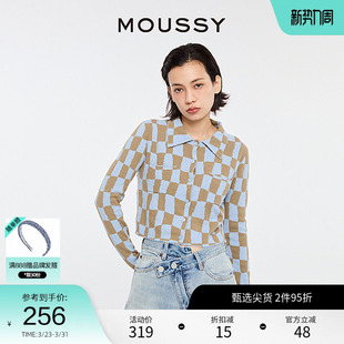 0000 028HS970 MOUSSY 复古日系棋盘格纹翻领针织开衫