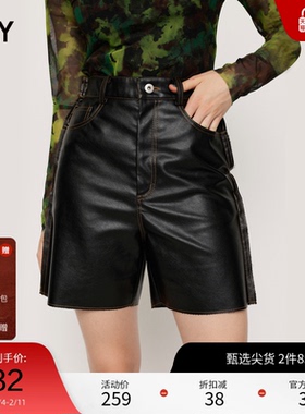 SLY 冬季新品甜酷风宽松直筒高腰皮革休闲短裤030GAZ31-0570