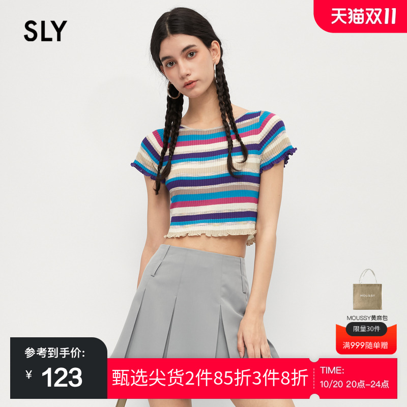 sly甜酷风多彩针织木耳边短款T恤