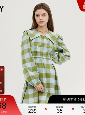 SLY奥莱 春季日系格纹海军领收腰少女连衣裙女038FAZ33-4570