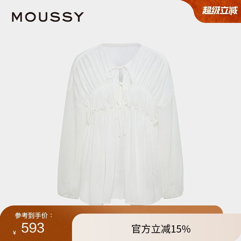 moussy 2025夏季新品甜美风抽褶皱系带宽松长袖衬衫028ISA30-1003