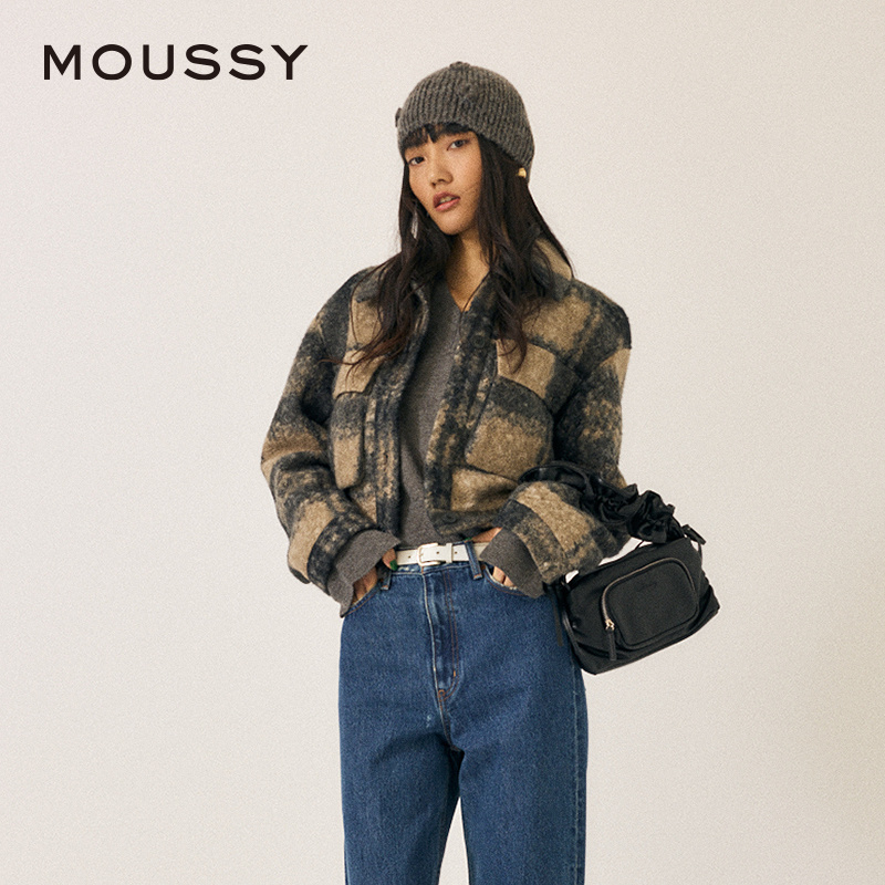 moussy 冬季新品英伦学院风格纹毛呢夹克外套女010HAA30-6731