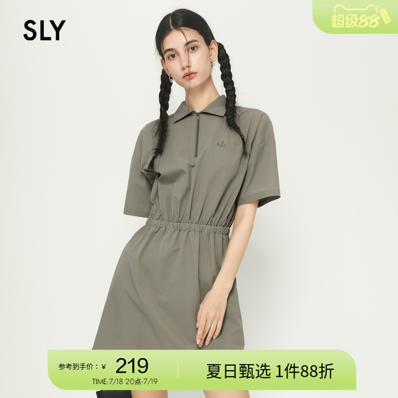 sly简约风刺绣半开领修身连衣裙