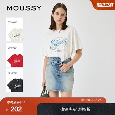 moussy夏季休闲风字母印花宽松圆领短袖T恤010IS290-9391