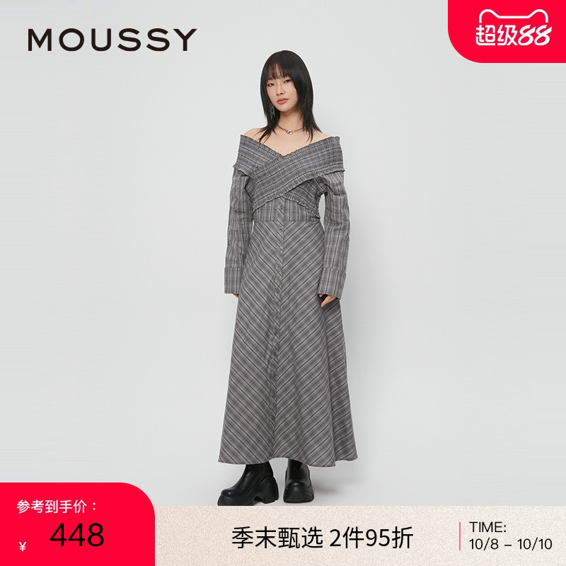 moussy 2024秋季新品法式乡村田园一字领格纹连衣裙028HAH30-1761