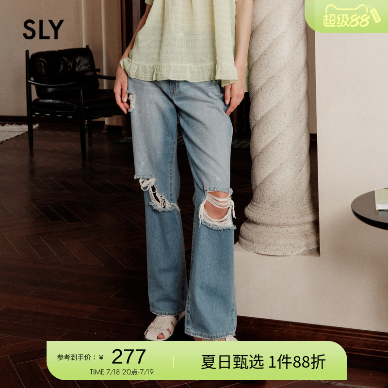sly复古做旧破洞LOGO直筒牛仔裤