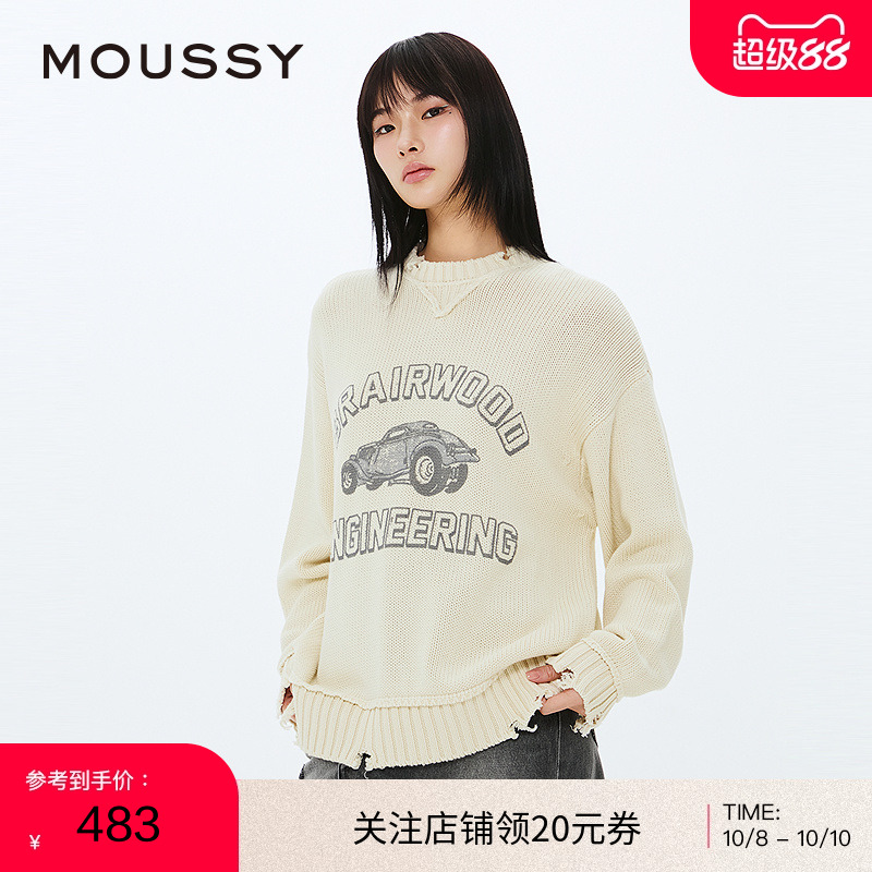 MOUSSY 2025春季新品复古小汽车图案印花针织毛衣女010ISQ70-4361