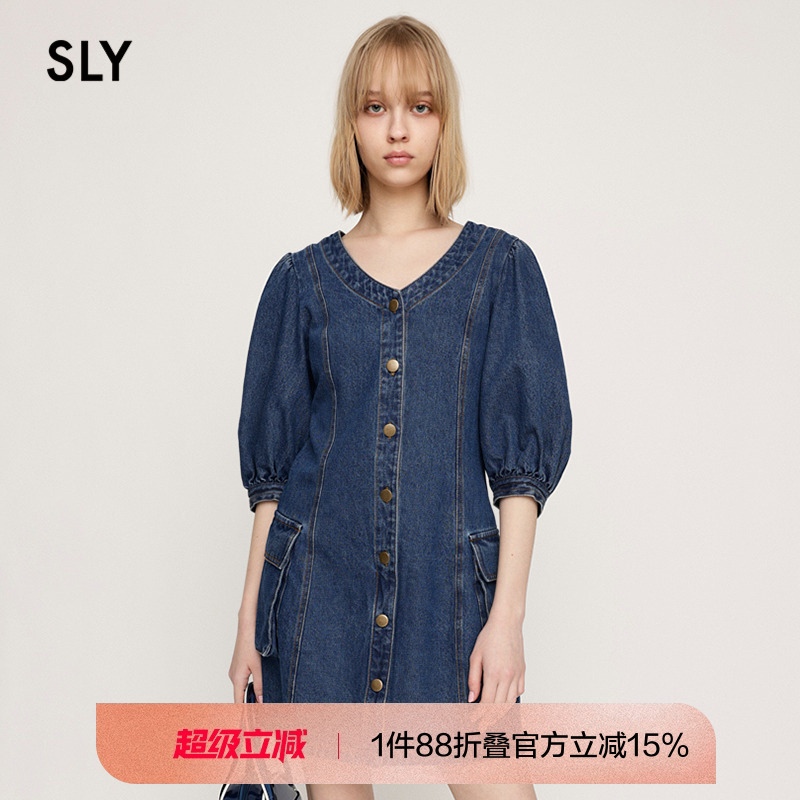 SLY怀旧复古风泡泡袖牛仔裙
