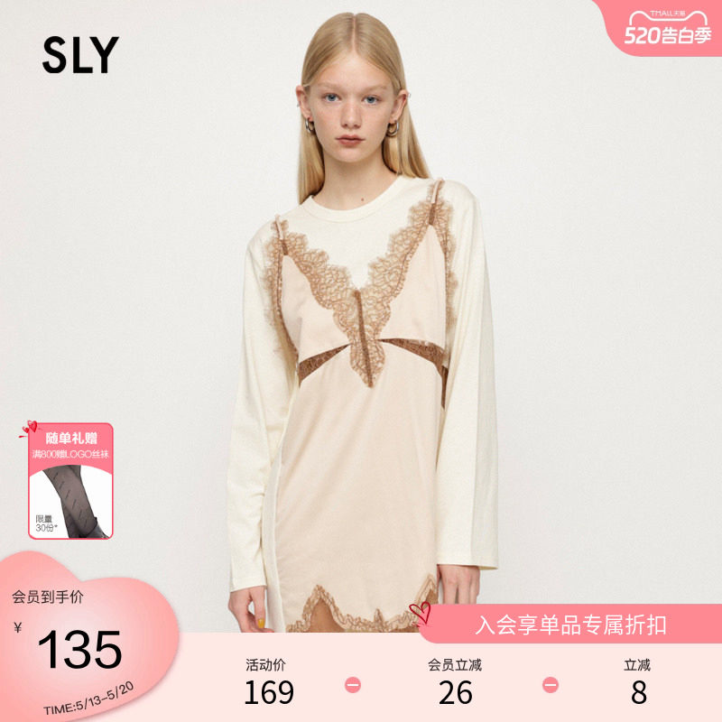 SLY 春季拼接蕾丝镂空垂感T恤连衣裙女038GAZ83-408