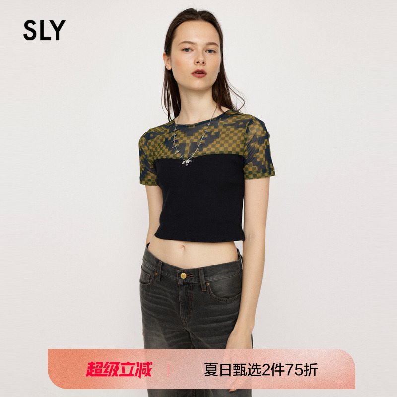 sly休闲风针织拼接马赛克短袖T恤