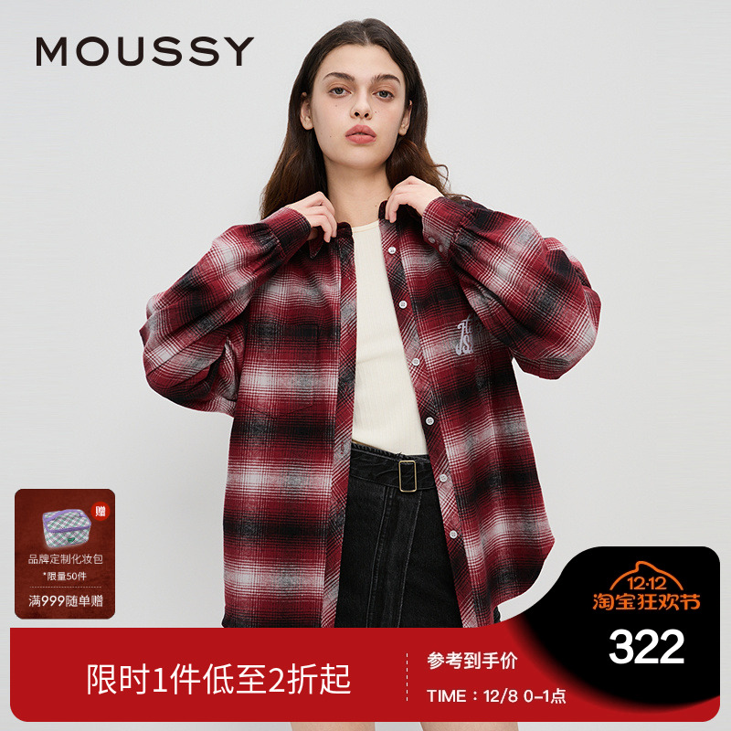 moussy 秋季新品美式复古街头感情侣款长袖衬衫028HAZ30-1011