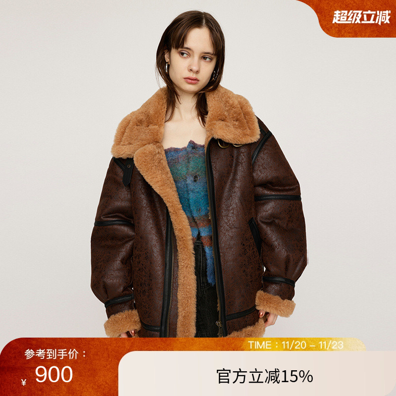 moussy 24冬季新品机车风大翻领皮毛一体夹克外套030HAY30-1411