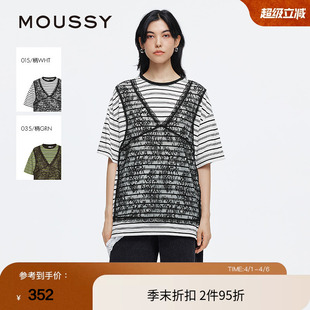 moussy 复古风蕾丝假两件条纹短袖 T恤028ISA90 0004 夏季