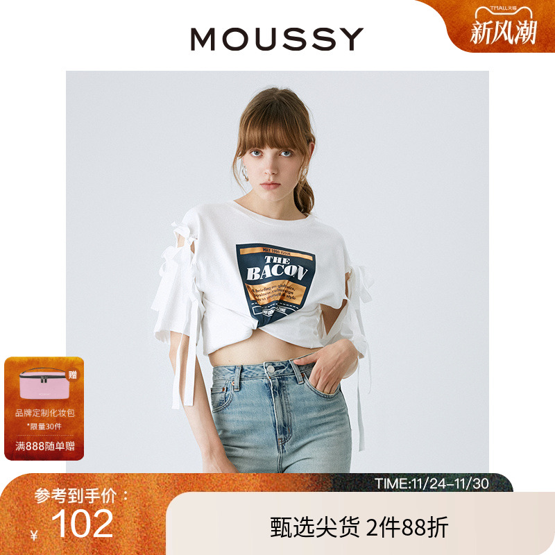 moussy甜美蝴蝶结印花设计T恤