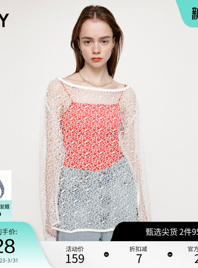 SLY 春夏透视网状镂空下摆开叉宽松长袖T恤030GSZ80-2190