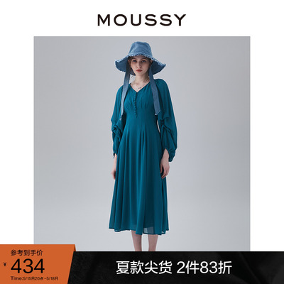 MOUSSY 2023冬季新品v领后拉链纯色长款收腰连衣裙010GSA30-2470