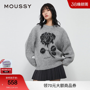 moussy 冬季复古提花玫瑰图圆领针织衫毛衣028HAZ70-1341