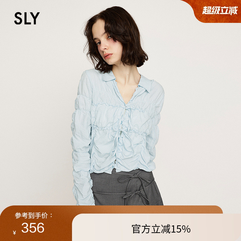 SLY 2025夏季新品甜美日系多巴胺条纹褶皱系带衬衫030ISY30-2601